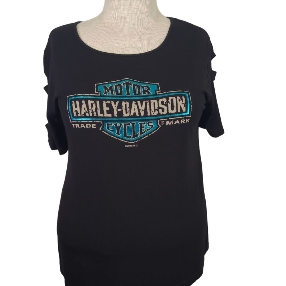 Harley Davidson WMS 2XL T-Shirt Black Logo Cancun Mexico Logo Lattice Sleeve